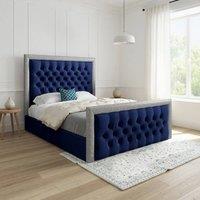 Casani Thorpe Glitter Border Upholstered Blue Soft Velvet Designer Bed Frame | Size: Small Double