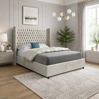 Casani Tickhill Straight Winged Beige Soft Velvet Designer Bed Frame in Cream | Size: Double
