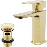 Nes Home Brushed Brass Basin Mono Mixer Tap & Slotted Waste in Gold