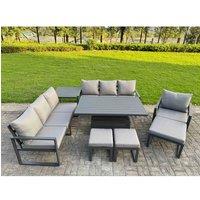 Fimous Aluminum 10-Seater Patio Set with Lifting Table, 3 Footstools in Dark Grey