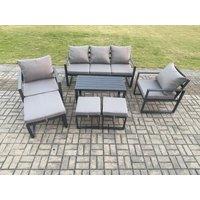 Fimous Aluminium 7 Pieces Garden Furniture Sofa Set with Cushions 8 Seater Outdoor Patio Set with 2 Armchair 3 Footstools Dark Grey