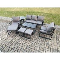 Fimous Aluminium 8 Pieces Garden Furniture Sofa Set with Cushions 8 Seater Outdoor Patio Set with 2 Armchair 3 Footstools Side Table in Dark Grey
