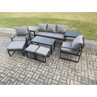 Fimous Aluminium 9 Pieces Garden Furniture Sofa Set with Cushions 8 Seater Outdoor Patio Set with 2 Armchair 3 Footstools Side Table in Dark Grey