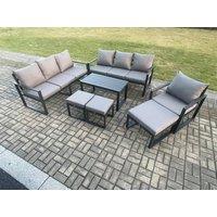 Fimous Aluminium 7 Pieces Garden Furniture Set with Cushions 10 Seater Outdoor Patio Lounge Sofa Set with Armchair 3 Footstools in Dark Grey