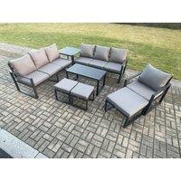 Fimous Aluminium 8 Pieces Garden Furniture Set with Cushions 10 Seater Outdoor Patio Lounge Sofa Set with Armchair 3 Footstools Side Table