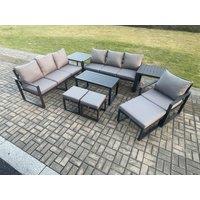 Fimous Aluminium 9 Pieces Garden Furniture Set with Cushions 10 Seater Outdoor Patio Lounge Sofa Set with Armchair 3 Footstools 2 Side Tables