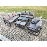 Fimous Aluminium Outdoor Garden Furniture Lounge Sofa 2 PC Chairs Oblong Coffee Table Sets with Side Table 2 Small Footstool Dark Grey