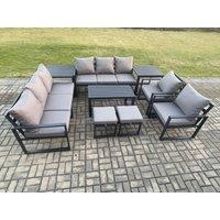 Fimous Aluminium Outdoor Garden Furniture Lounge Sofa 2 PC Chairs Oblong Coffee Table Sets with 2 Side Tables 2 Small Footstool Dark Grey