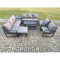 Fimous Aluminium Outdoor Garden Furniture Lounge Sofa 2 PC Chairs Oblong Coffee Table Sets with Side Table 3 Footstools Dark Grey