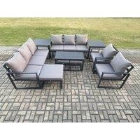 Fimous Aluminium Outdoor Garden Furniture Lounge Sofa 2 PC Chairs Oblong Coffee Table Sets with 2 Side Tables 3 Footstools Dark Grey