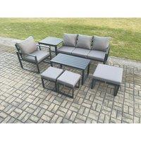 Fimous Aluminium 7 Pieces Garden Furniture Sofa Set with Cushions 7 Seater Outdoor Patio Set with Armchair 3 Footstools Side Table Dark Grey