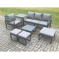 Fimous Aluminium Outdoor Garden Furniture Set Lounge Sofa Chair Square Coffee Table Sets with Side Table 3 Footstools Conservatory Set in Dark Grey