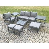Fimous Aluminium Outdoor Garden Furniture Set Lounge Sofa Chair Square Coffee Table Sets with 2 Side Tables 3 Footstools Conservatory Set in Dark Grey