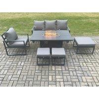 Fimous Aluminium Outdoor Garden Furniture Set Gas Fire Pit Dining Table Set Gas Heater Burner with 3 Footstools Dark Grey 7 Seater