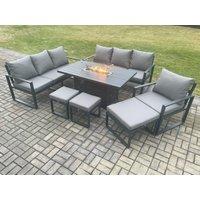 Fimous Aluminium 7 Pieces Garden Furniture Sofa Set with Cushions 10 Seater Gas Fire Pit Dining Table Set with 3 Footstools in Dark Grey