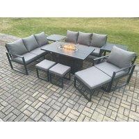 Fimous Aluminium 9 Pieces Garden Furniture Sofa Set with Cushions 10 Seater Gas Fire Pit Dining Table Set with 2 Side Tables 3 Footstools in Dark Grey
