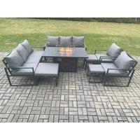 Fimous Aluminium Outdoor Garden Furniture Set Patio Lounge Sofa Gas Fire Pit Dining Table Set with 3 Footstools Dark Grey