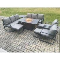 Fimous Aluminium Outdoor Garden Furniture Set Patio Lounge Sofa Gas Fire Pit Dining Table Set with 3 Footstools Side Table Dark Grey