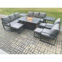 Fimous Aluminium Garden Furniture Outdoor Set Patio Lounge Sofa Gas Fire Pit Dining Table Set with 3 Footstools 2 Side Tables Dark Grey