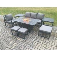 Fimous Aluminium 8 Pieces Garden Furniture Sofa Set with Cushions Gas Fire Pit Dining Table Set with 3 Footstools 2 Side Tables Dark Grey