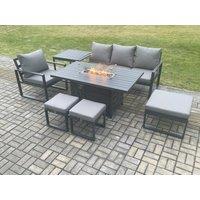 Fimous Aluminium 7 Pieces Garden Furniture Sofa Set with Cushions Gas Fire Pit Dining Table Set with 3 Footstools Side Table Dark Grey
