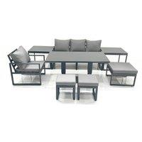 Fimous 7 Seater Garden Sofa Set Aluminium Furniture Rising Dining Tabe Set with Chair 3 Footstool 2 Side Tables Dark Grey