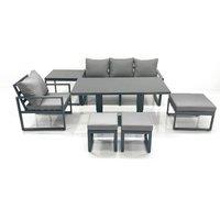 Fimous 7 Seater Garden Sofa Set Aluminium Furniture Rising Dining Tabe Set with Chair 3 Footstool Side Table Dark Grey