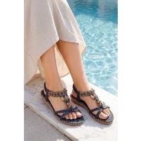 MODISHION Women's Bohemian Toe-Post Sandals with Layered Decorative Detail in Dark Blue | Size: 4