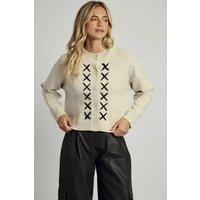 Native Youth Women's Stitch Detail Crew Neck Knitted Cardigan in Cream | Size: XS