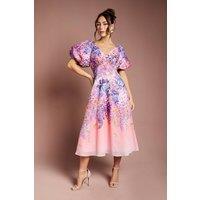 Coast Women's Floral Print Organza Puff Sleeve Midi Dress in Pink | Size: 10