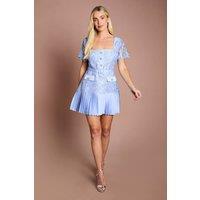 Coast Women's Petite Square Neck Pearl Button Satin Lace Mini Dress in Light Blue | Size: 8