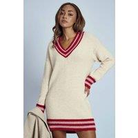 Native Youth Women's Striped V-Neck Knitted Mini Jumper Dress in Cream | Size: Small