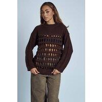Native Youth Women's Oversized Open-Knit Crew Neck Diamond Cut-Out Jumper in Brown | Size: XS