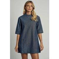 Native Youth Women's Cotton Denim Striped 3/4 Length Sleeve Mini Shirt Dress in Blue | Size: XS