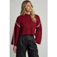 Native Youth Women's High Neck Contrast Stitch Wide Flared Jumper in Burgundy | Size: Small