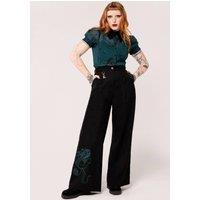 Hell Bunny Women's Venom High Waist Wide Leg Trousers With Snake Embroidery Chain Detail in Black | Size: Small