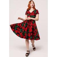 Hell Bunny Women's Dolce Vita Red Rose Print 50s Circle Dress With V-Neck & Pockets in Black | Size: Small