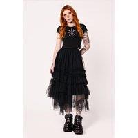 Hell Bunny Women's Prudence Black Tulle Ruffle Midi Skirt With Asymmetrical Hem | Size: Medium