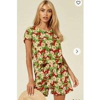 CY Women's Relaxed Floral Print Top & Shorts Co-Ord Set in Red | Size: S/M