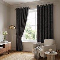Luxury Living Jacquard Leaf Ring Top Curtains - Fully Lined Silk Look in Charcoal | Size: 117 cm width x 183 cm drop