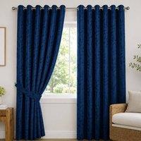 Luxury Living Jacquard Leaf Ring Top Curtains - Fully Lined Silk Look in Navy | Size: 117 cm width x 183 cm drop