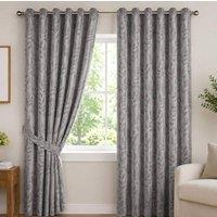 Luxury Living Jacquard Leaf Ring Top Curtains - Fully Lined Silk Look in Silver | Size: 117 cm width x 183 cm drop