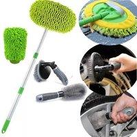 VOGREX Car Wash Cleaning Kit Microfibre Mitt Mop & Wheel Brush Set in Light Green | Size: 120