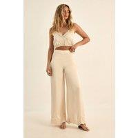 NastyGal Women's Premium Satin Lace Trim Wide Leg Trousers in Champagne | Size: 6