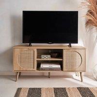 sweeek 120cm Tv Unit Woodenn Effect Rounded Cane Rattan 2 Doors in Light Brown
