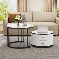 Matteo Modern Round Nesting Coffee Table Set with Marble Top & 2 Drawers in White
