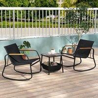 Costway 3PCS Rocking Bistro Set Rocking Chairs & Side Table W/ Storage Bag in Black