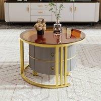 STILVORA 2 Piece Round Coffee Table Set with 2 Drawers, Grey & Brown