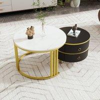 STILVORA Round Coffee Table Set with 2 Drawers in White & Black