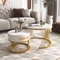 STILVORA 2 Piece Round Coffee Table Set with Drawer White & Gold